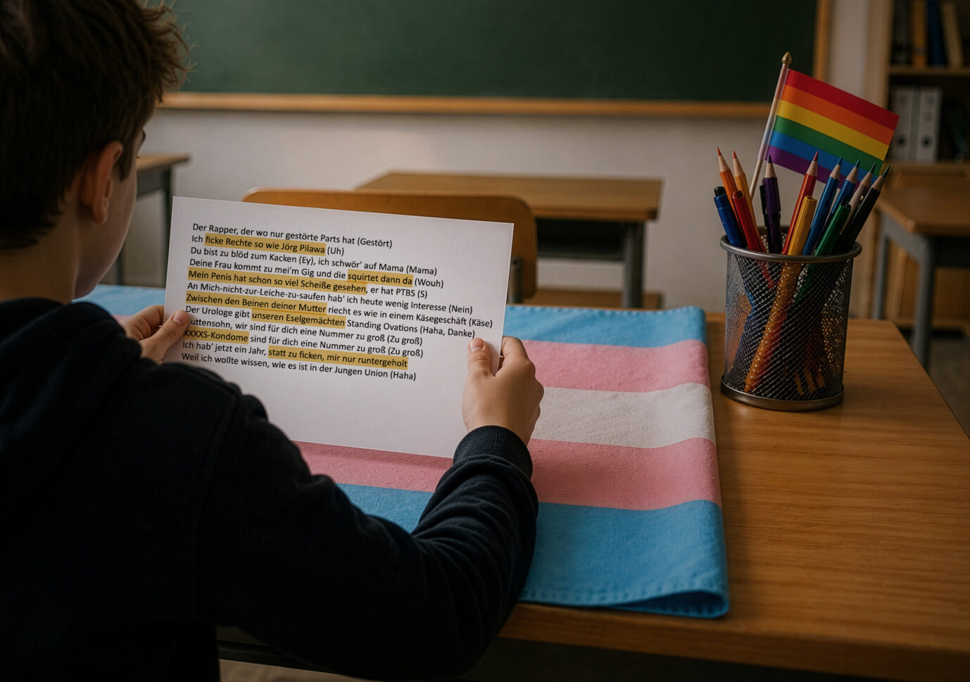 Und dann lässt der Translehrer die Schüler „Ich f*ck 'ne H*re“ analysieren